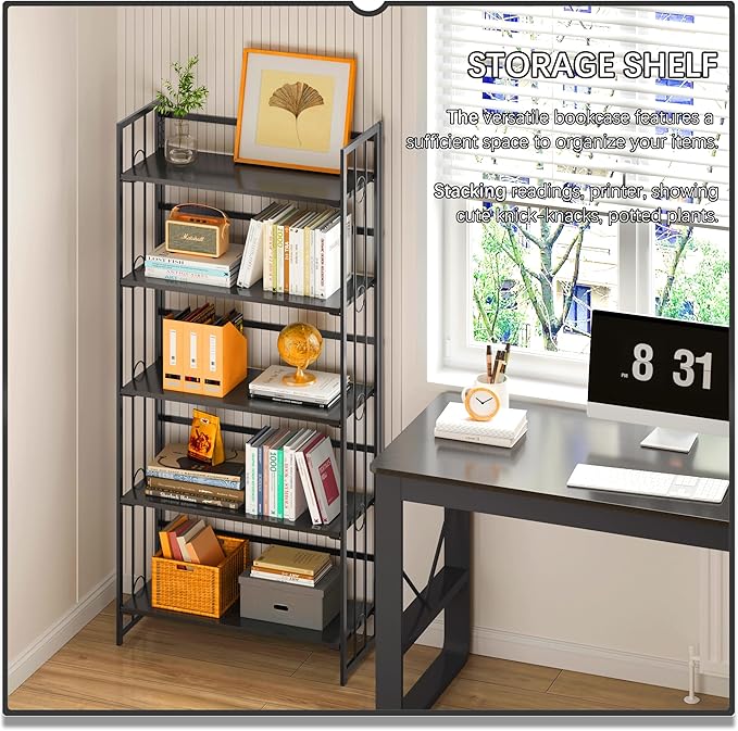4NM No Assembly 5 Tiers Folding Bookshelf, 59.4" H Foldable Storage Shelves - Image 7