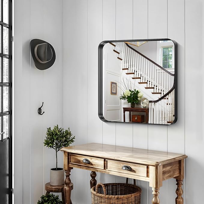 CIRCUMI Black Bathroom Mirror, Rounded Corner, Tempered Glass, Square Mirror - Image 4