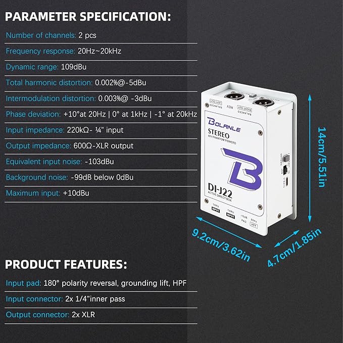 Bolanle J22 Professional Stereo DI Box/Splitter XLR 1/4 inch, Dual Channel - Image 5