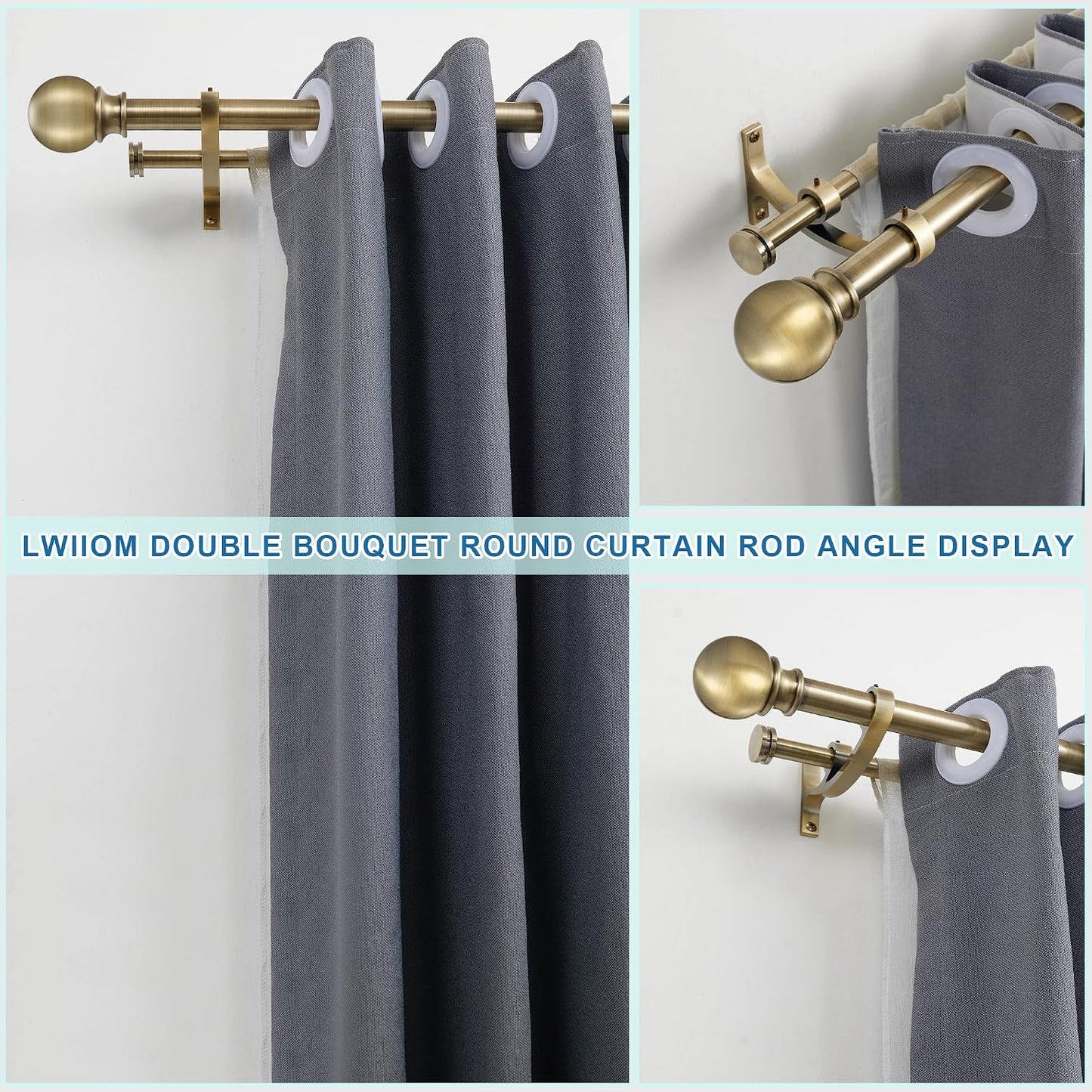 Double Curtain Rods with Aluminum Bouquet Brackets and Round Finials, Antique Bronze Curtain Rods for Windows 28 to 48 inch, 1-inches Front and 5/8 Inches Back Double Window Drapery Rod