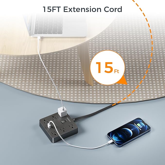 TESSAN Surge Protector Power Strip, Flat Plug Extension Cord 15 Ft - Image 2