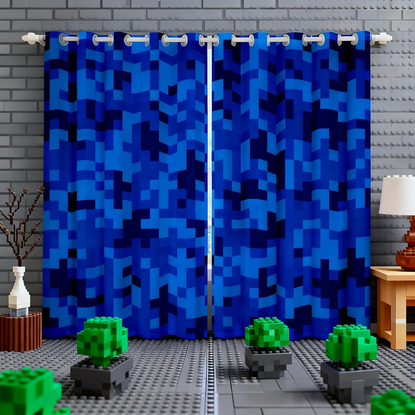 Castle Fairy Navy Blue Camouflage Window Curtain,Geometric Checked Bedroom Decor Curtains,Kids Boys Teens Pixelated Miner Style Window Treatment Video Games 100% Blackout Drapes 2 Panels,38Wx54L
