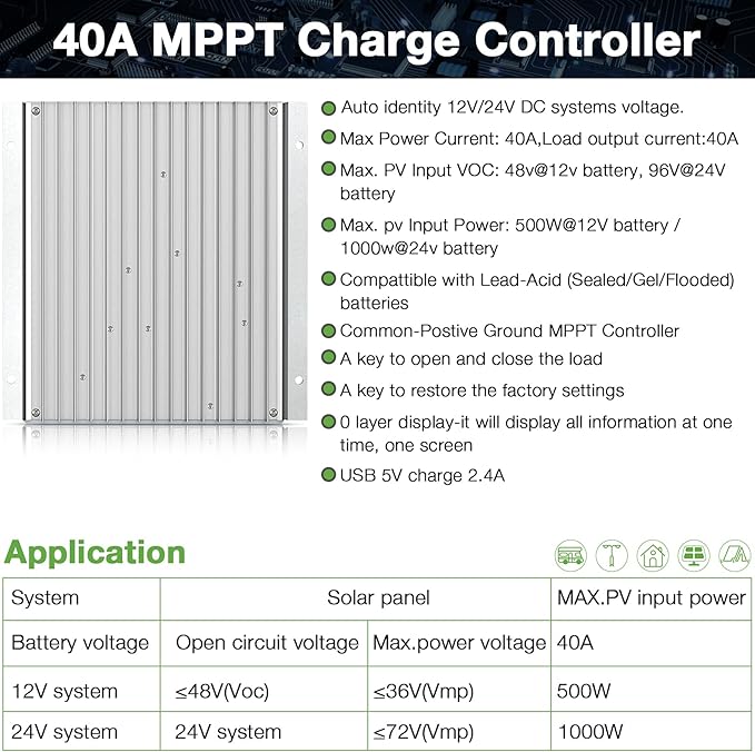 OOYCYOO MPPT Charge Controller 40 amp 12V/24V Auto, 40A Solar Panel Charge - Image 2