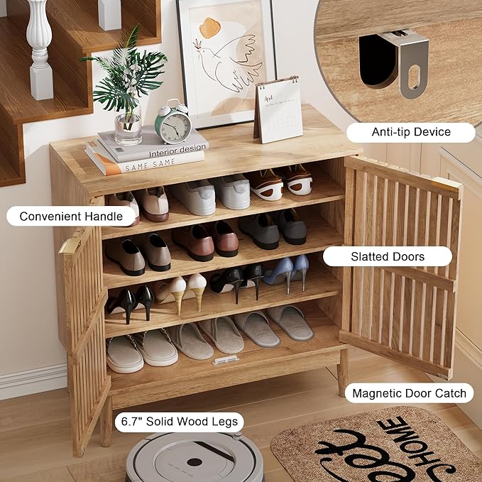 Shoe Cabinet with 2 Doors and Shelves, 4-Tier Shoe Cabinet Storage - Image 6