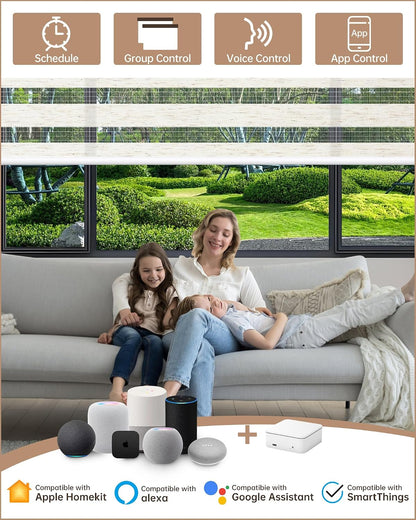 Motorized Blinds with Remote App Voice Control, Custom Zebra Shades | Ultra Quiet Electric Blinds for Windows Doors, Work with Apple Homekit, Alexa, Google Home (75% Blackout Linen White)