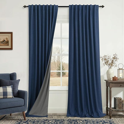 KOUFALL Navy Blue Linen Blackout Curtains 84 Inch Length, Dark Blue Thermal by KOUFALL