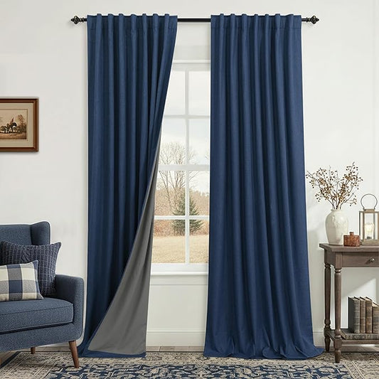 KOUFALL Navy Blue Curtains Linen Blackout, Back Tab Textured 90 Inch Long by KOUFALL