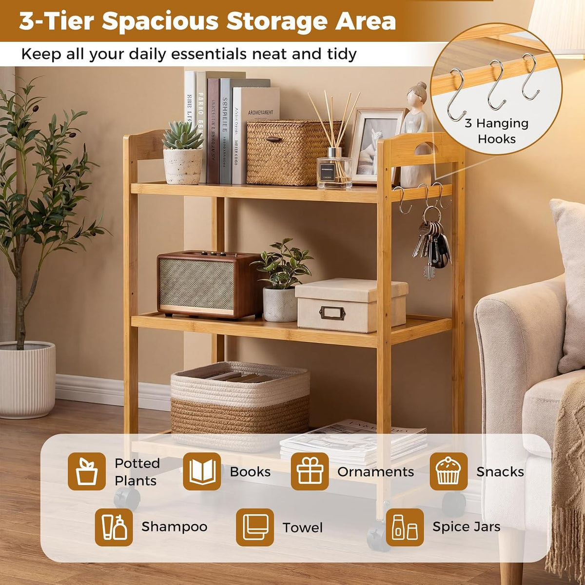 GIANTEX 3-Tier Rolling Storage Cart, Bamboo Utility Cart w/ 3 Side Hooks &amp...