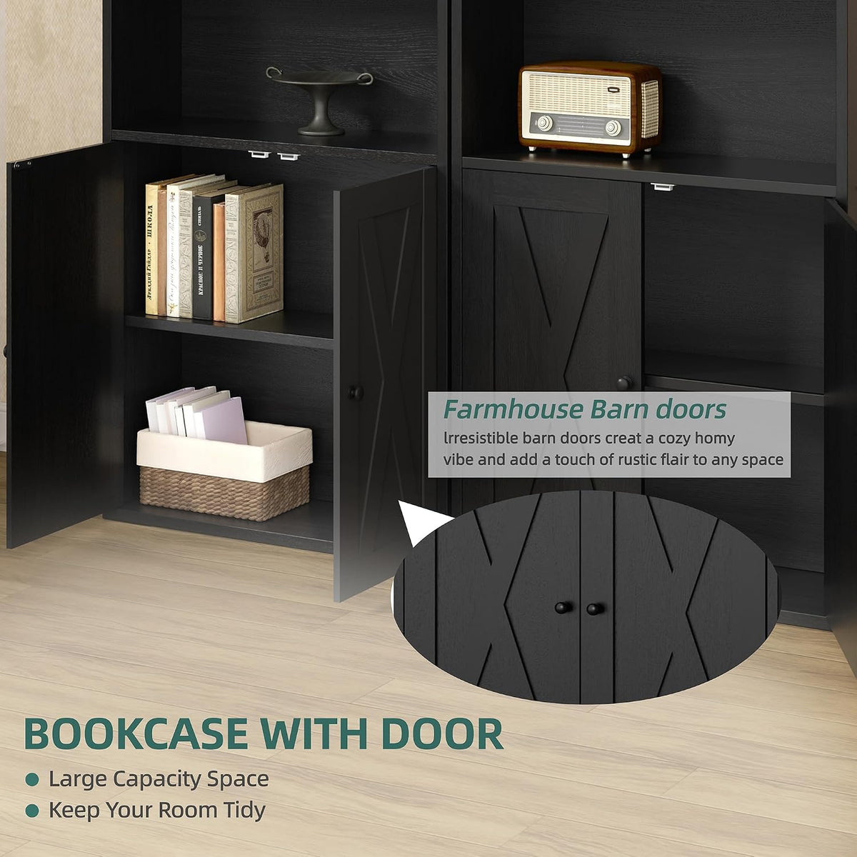 Shintenchi 6 Tier Bookshelf with Doors, Tall Standing Bookcase