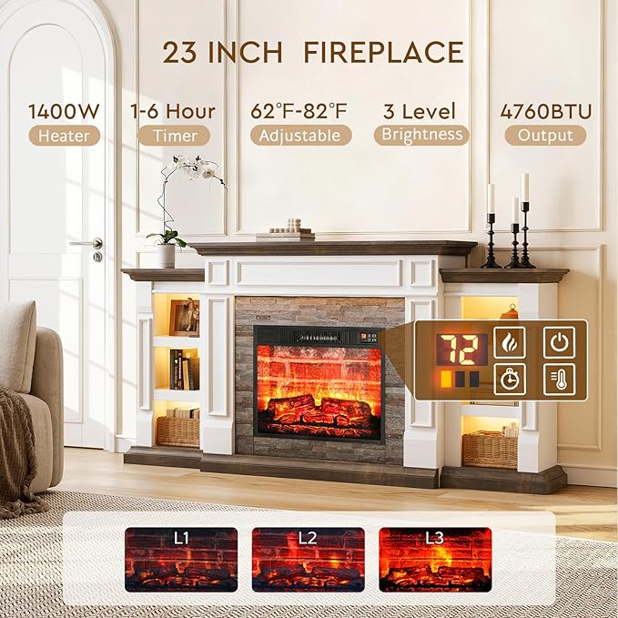 LGHM 72" Fireplace TV Stand for TVs Up to 80 Inch, Electric Fireplace - Image 5
