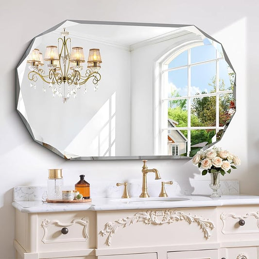 GLASHOM Frameless Bathroom Mirror, 30x48 inch Beveled Bathroom Mirror Wall by GLASHOM