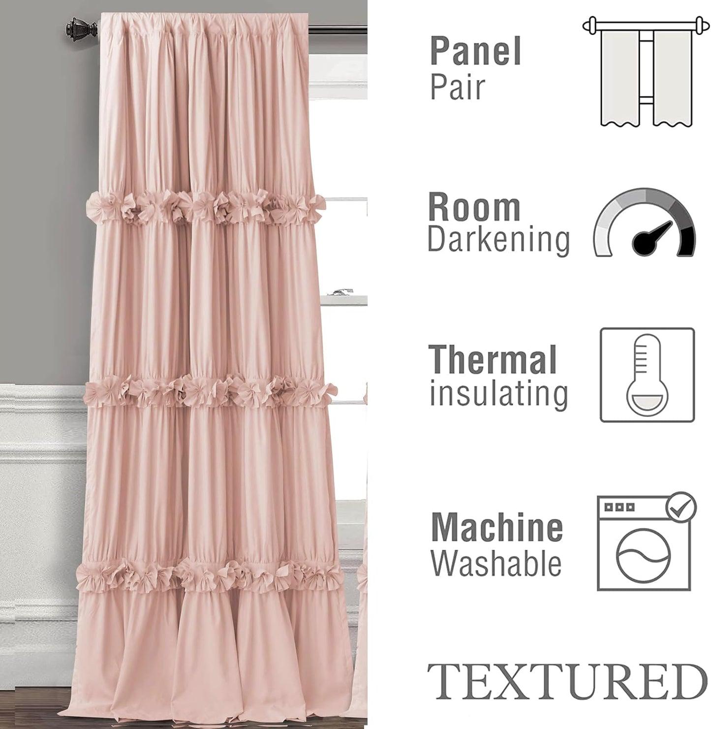 Homechoice Decor Thermal Insulated Blackout Window Curtains, 52" W x 96" L x 2 Panels, Boho Ruched Window Treatments with Butterfly Flowers, Rustic Rod Pocket Drapes for Room, Peach Pink (LQ-30)