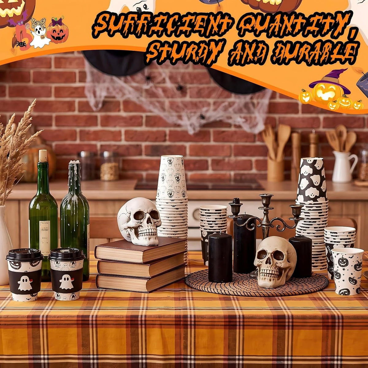 Suclain 100 Sets Halloween Disposable Coffee Cups with Lids & Sleeves, 12...
