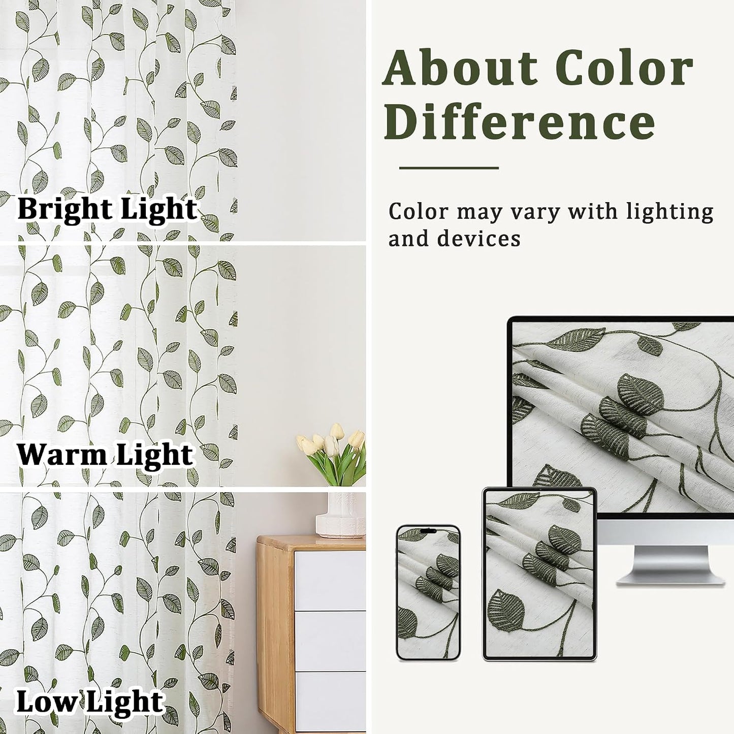 Sage Green Sheer Curtains 63 Inch Length 2 Panels, Leaf Embroidery Linen Textured Light Filtering Sheer Curtains for Dining Room Bedroom, Rod Pocket Farmhouse Window Drapes, 2x40Wx63L Inches