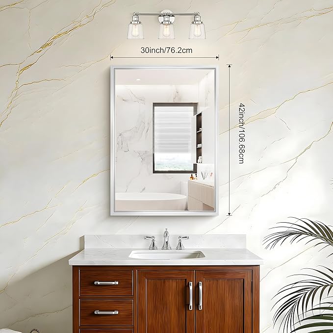 42x30 Silver Bathroom Mirror, Brushed Silver Rectangular Mirror - Image 2
