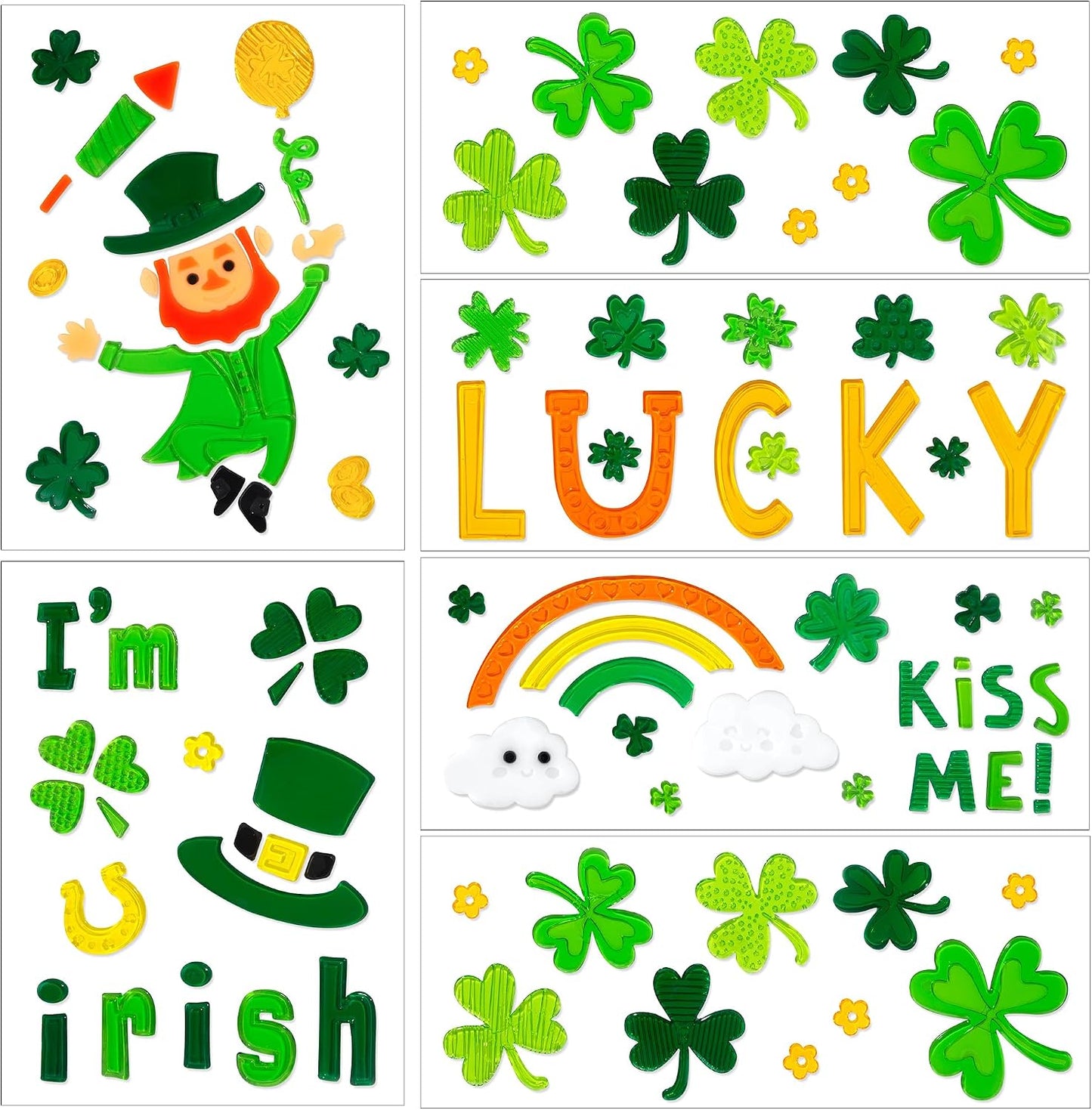 6 Pcs St Patricks Day Window clings–Reusable Window Cling for Glass Windows | Reusable window stickers for window clings with Shamrock Irish Rainbow Gnome Gel Window Clings for St Patrick Day Decorations