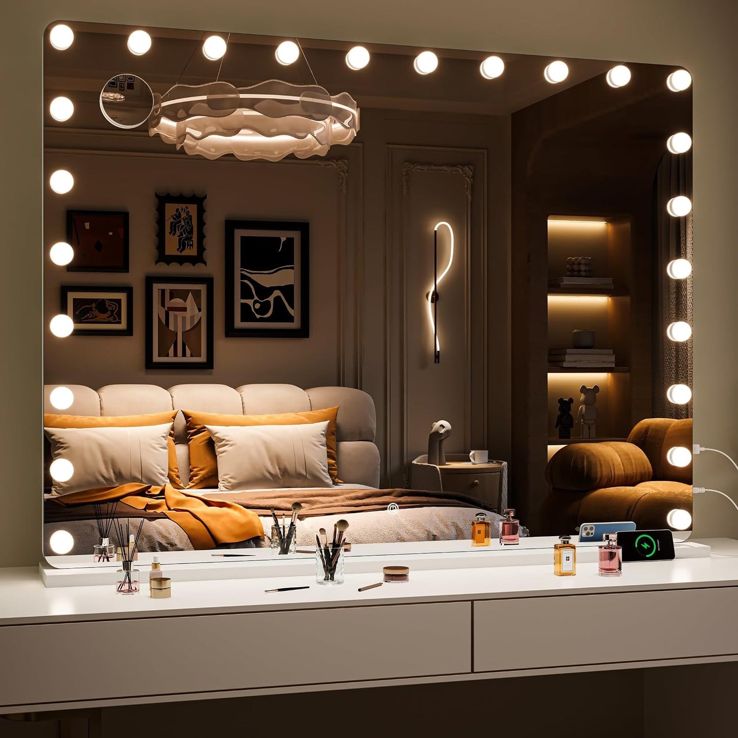 Hasipu Vanity Mirror with Lights 47" x 35", Makeup Mirror with Lights and Magnification, Hollywood Mirror with 3 Color Modes, LED Make up Mirror, Light up Mirror with USB & Type-C Charging