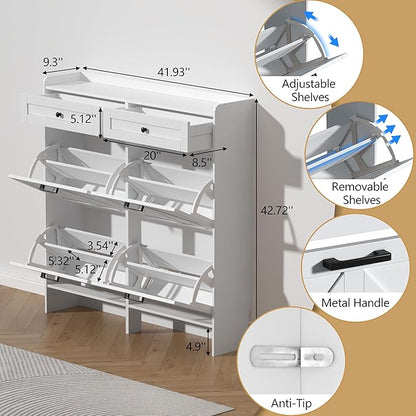 Shoe Cabinet with 4 Flip Drawers & 2 Storage Drawers, Rustic Farmhouse Narrow - Image 6