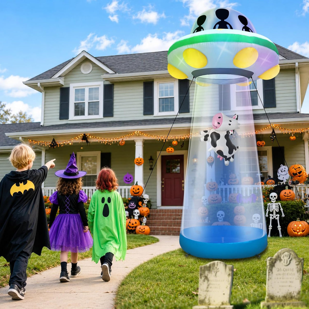 TURNMEON 10 Ft Tall Halloween Inflatable UFO Cow Abduction Decorations