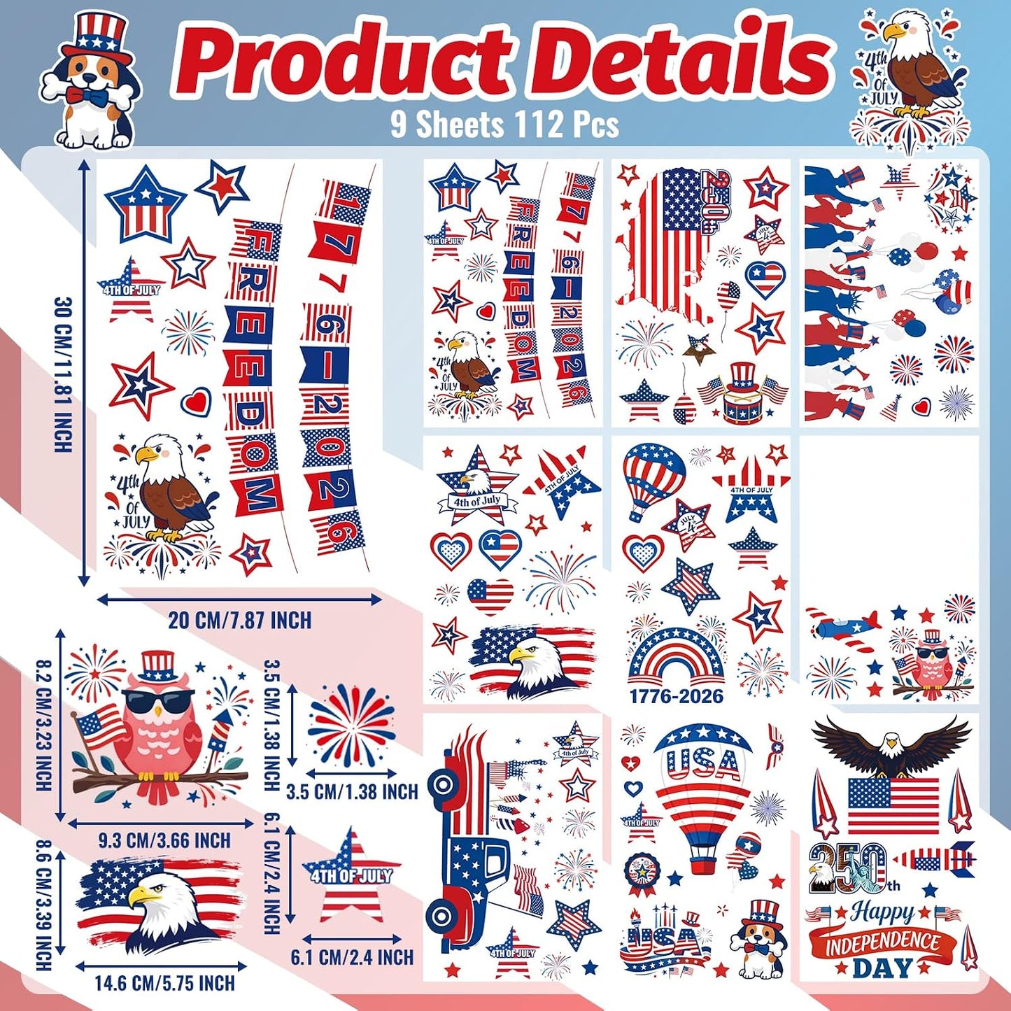 112Pcs 9 Sheets 4th of July Independence Day Window Clings | Reusable Static Stickers for USA 250th Anniversary, American Flag, Eagle, Stars Perfect for Home, Glass, Party Decor