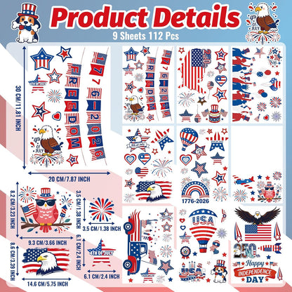 112Pcs 9 Sheets 4th of July Independence Day Window Clings | Reusable Static Stickers for USA 250th Anniversary, American Flag, Eagle, Stars Perfect for Home, Glass, Party Decor