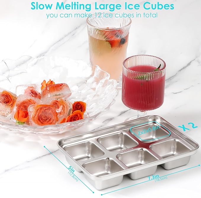 Ice Cube Tray with Lid, 2 Pack 12 Big Cubes, Stainless Steel Ice Cube Trays - Image 3