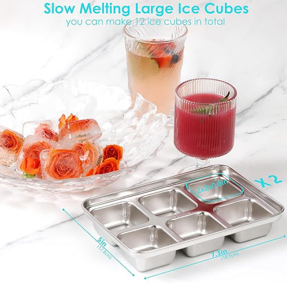 Ice Cube Tray with Lid, 2 Pack 12 Big Cubes, Stainless Steel Ice Cube Trays - Image 3