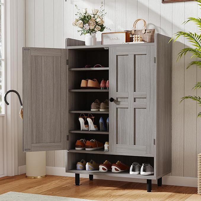 Farmhouse Shoe Cabinet with Doors, 6-Tier Wooden Shoe Organizer with Adjustable by Aivermeil