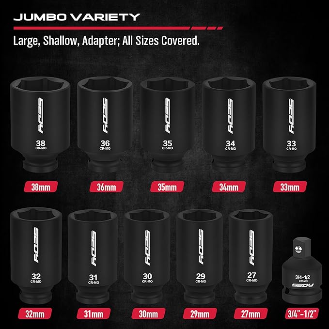 1/2 Drive Deep Impact Socket Set: 11-Piece Metric Size Wheel Axle Nut Wrench - Image 5