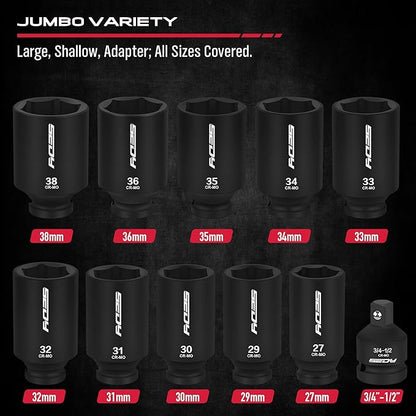 1/2 Drive Deep Impact Socket Set: 11-Piece Metric Size Wheel Axle Nut Wrench - Image 5