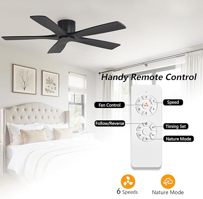 WINGBO 54" Flush Mount DC Ceiling Fans Without Lights, 5 Carved Solid Wood - Image 7