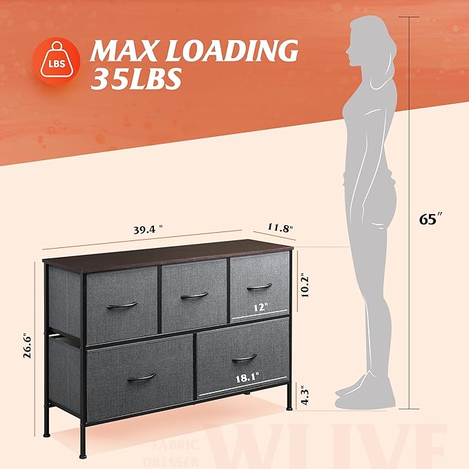 WLIVE Dresser for Bedroom with 5 Drawers, Long Storage Tower Organizer Unit - Image 3