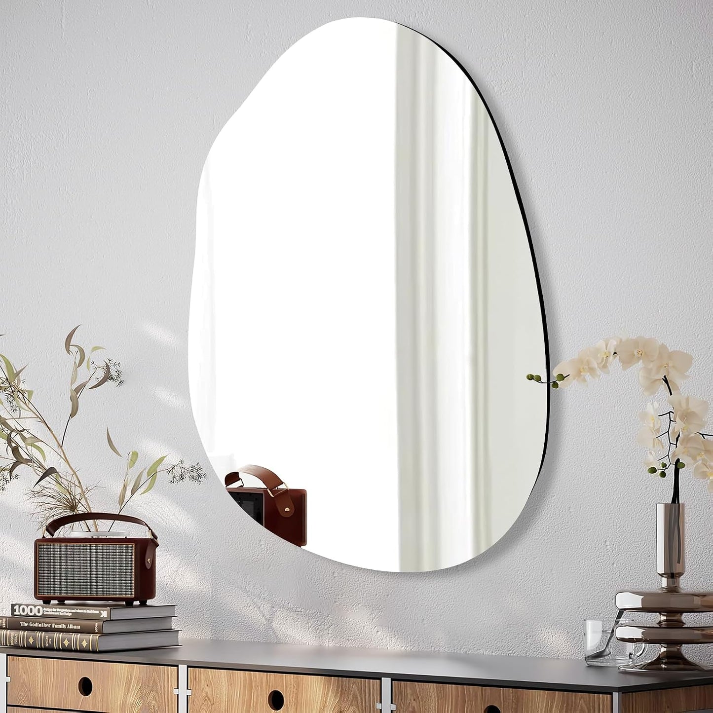 22x30 Inch Irregular Black Framed Wall Mirror for Bathroom | 22x30 Inch Irregular Wall Mirror, Thin Narrow Black Minimalist Frame, Creative Asymmetrical Wall Mount Decor Mirror