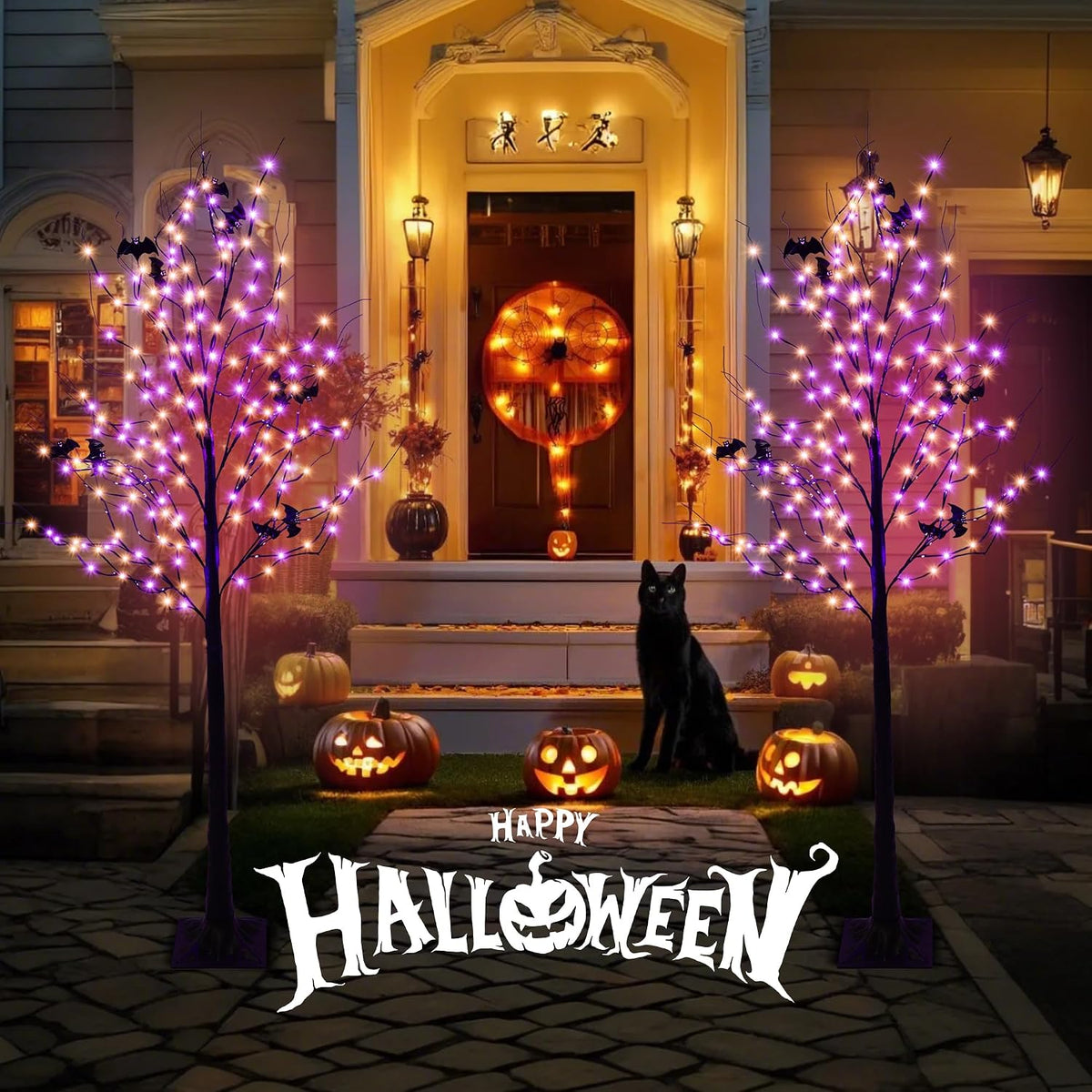 Halloween Lighted Tree with 260 LED Lights, 6FT Black Halloween Tree with Tim...