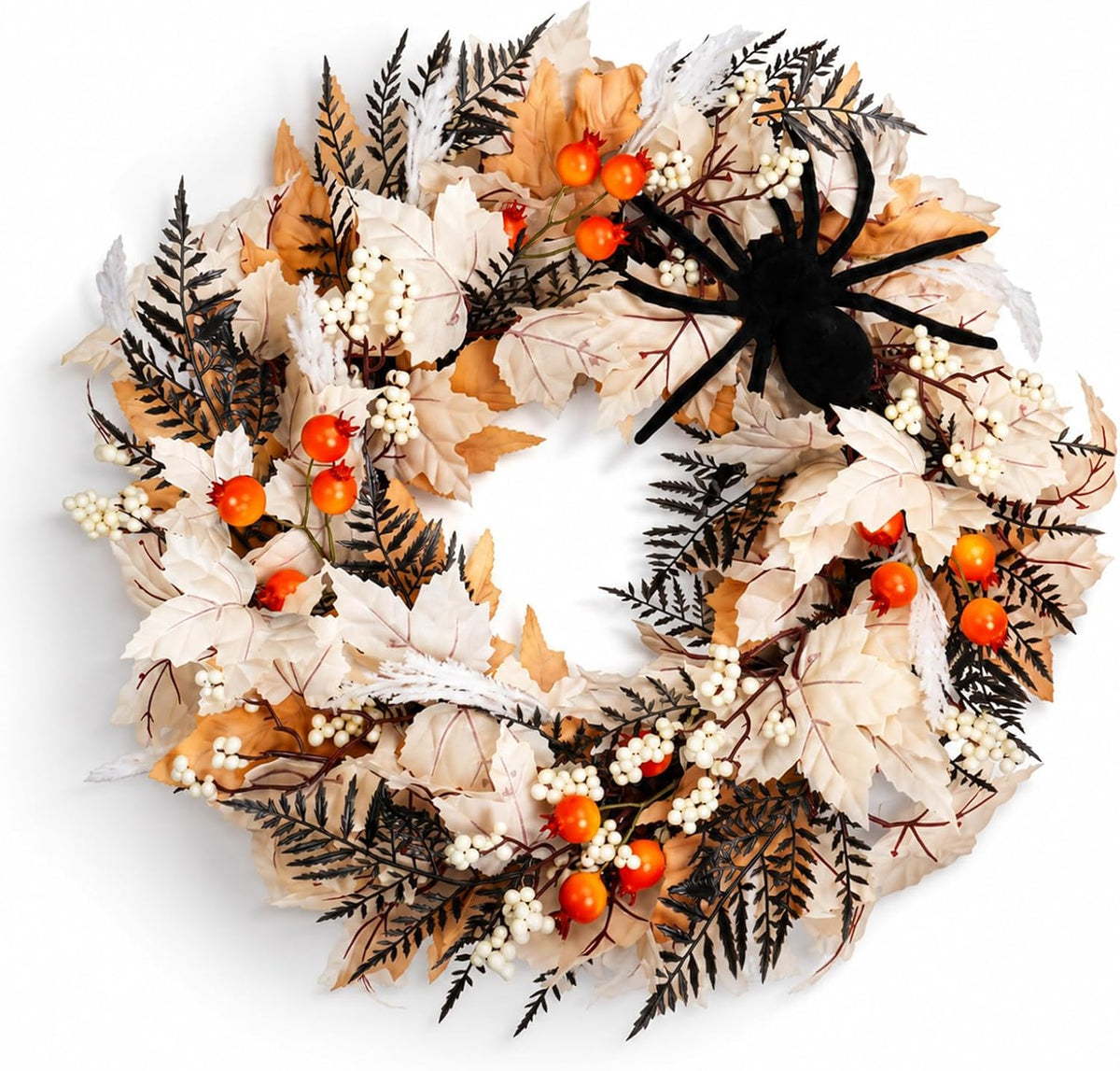 Grooy 24 Inch Halloween Wreath for Front Door with Spider Maple Leaf