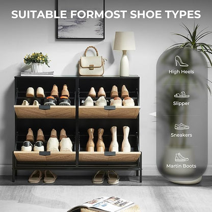 Shoe Cabinet Storage with 4 Flip Drawers, Narrow Hidden Shoes Organizer Cabinet - Image 3