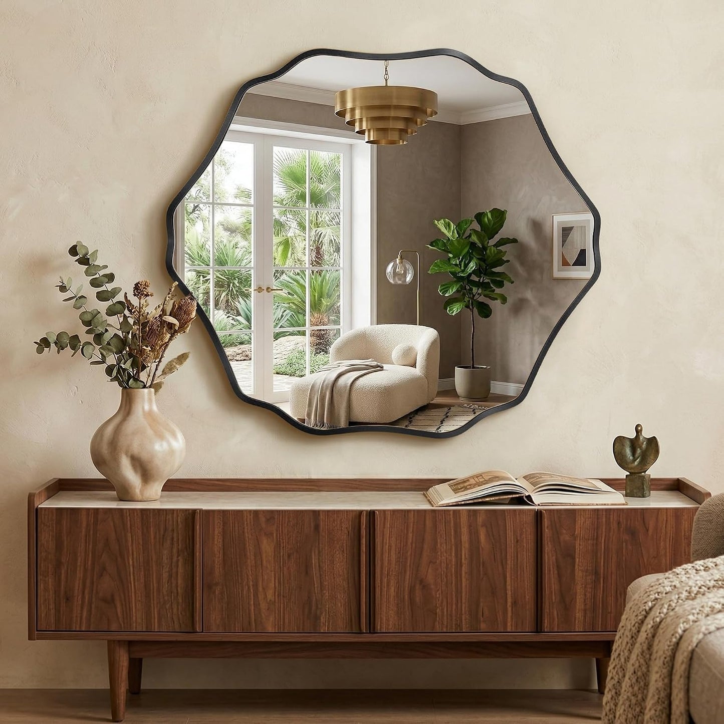 Irregular Hexagon Wall Mirror with Wavy Edge, Modern Decorative Mirror for Bathroom, Bedroom, Living Room, Frameless Vanity Mirror