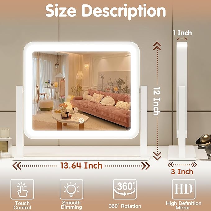 FENNIO Vanity Mirror with Lights 14"×12" Makeup Mirror with Lights, Lighted - Image 2