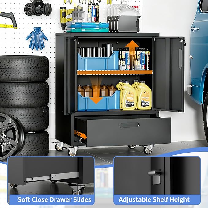 Metal Storage Cabinet with Wheels, Mobile Garage Storage Cabinet with 2 - Image 4