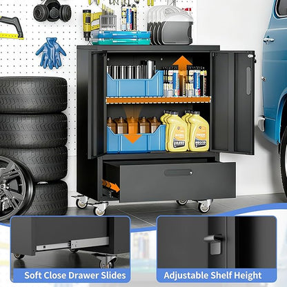 Metal Storage Cabinet with Wheels, Mobile Garage Storage Cabinet with 2 - Image 4