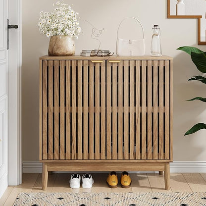 Shoe Storage Cabinet with Ventilated Slatted Doors, Wooden Shoe Organizer - Image 3