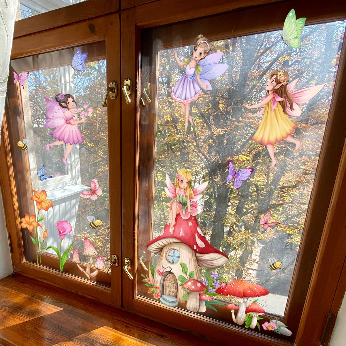 WandSticker4U - Window Stickers Self-Adhesive Fairy & Mushroom House (80 x 43 cm) I Window Sticker Children Girls Fairy Elves Flowers I Window Decoration Children's Room Girls Princess Reusable