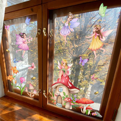 WandSticker4U - Window Stickers Self-Adhesive Fairy & Mushroom House (80 x 43 cm) I Window Sticker Children Girls Fairy Elves Flowers I Window Decoration Children's Room Girls Princess Reusable