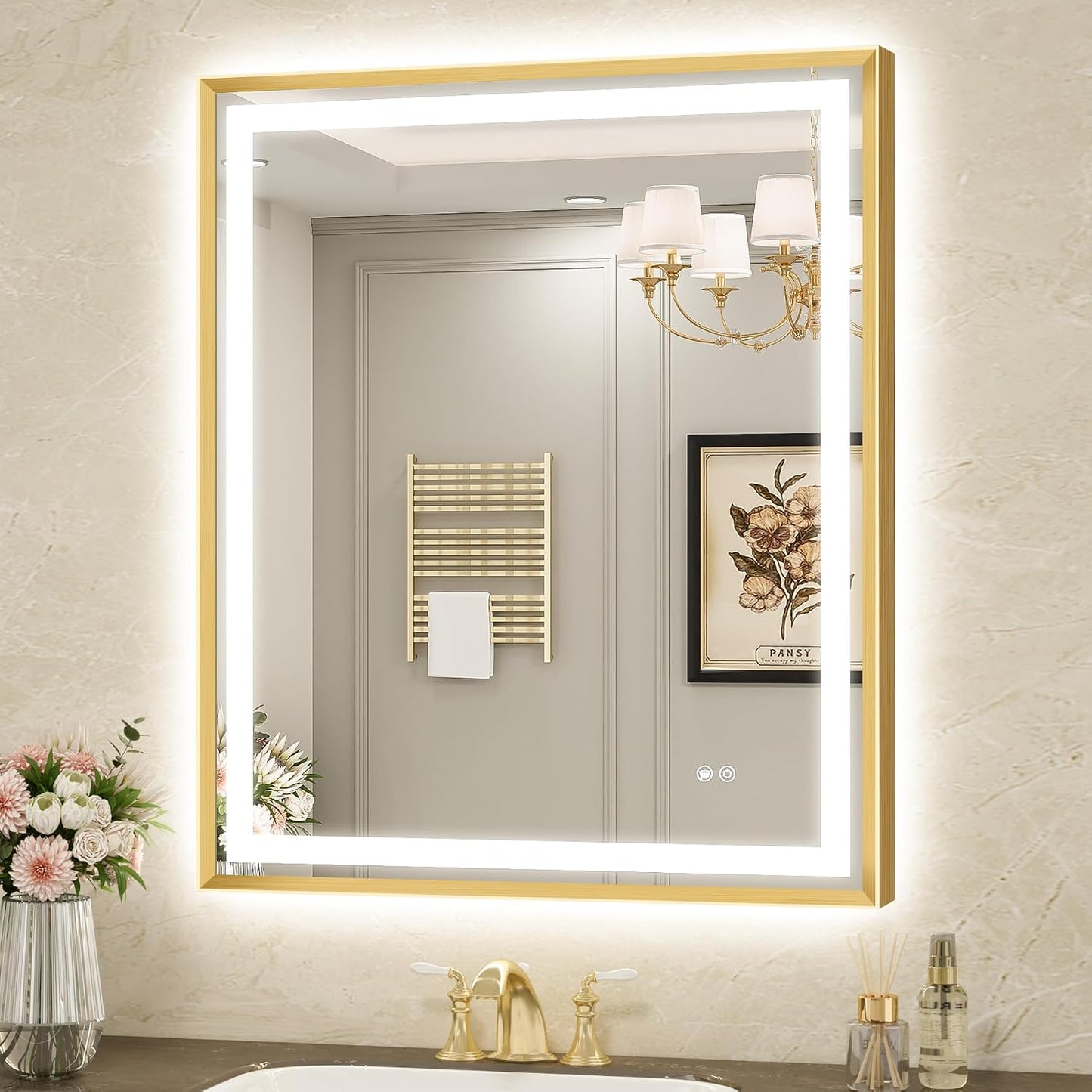 LED Bathroom Mirror 30"x36" Inch Brushed Gold Metal Frame Lighted Bathroom Vanity Mirror with Lights, Brighter Frontlit and Backlit Light up Anti Fog Mirror, 3-Color Dimmable, Memory Function