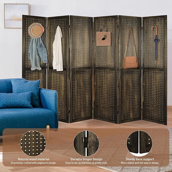 ECOMEX 6 Panel Room Divider, 5.6Ft Pegboard Display Wooden Room Divider Folding - Image 3