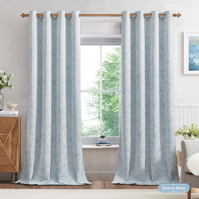 Beauoop Blue Floral Jacquard Blackout Curtains 96 Inches Long 2 Panels - Image 4