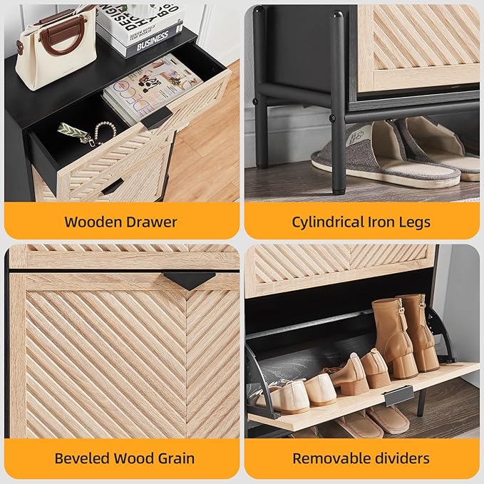 Shoe Cabinet Storage with 2 Flip Drawers, Narrow Hidden Shoes Organizer Cabinet - Image 7
