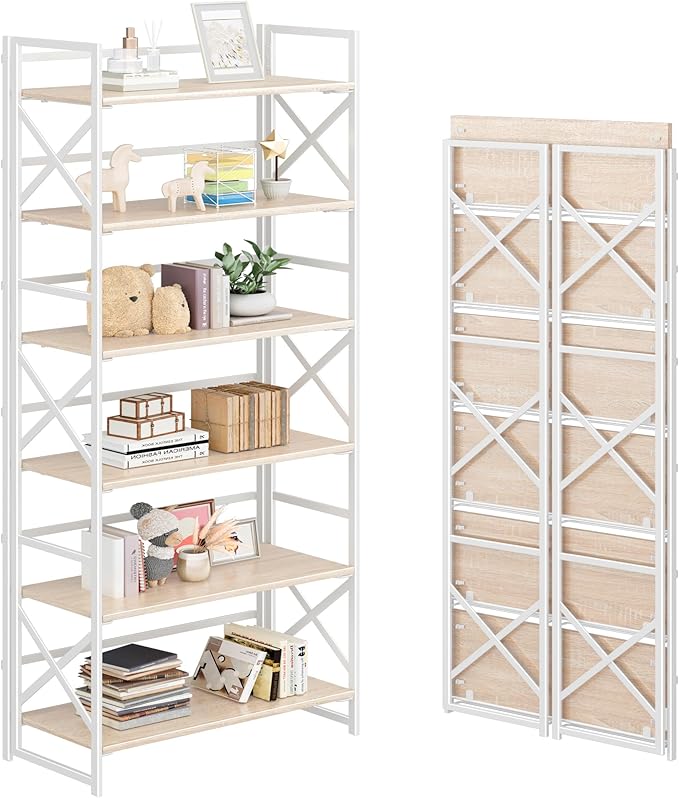 4NM 6 Tiers No Assembly Book Shelves, 61.8" H Folding Bookshelf Bookcase Open by 4NM