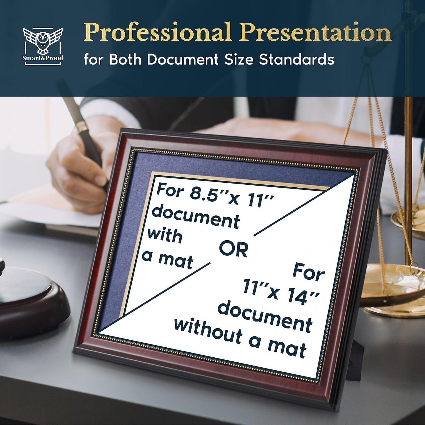 Wooden College Diploma Frame 8.5 x 11 with Mat (Blue /w Golden Rim) — Real Wood, Real Glass — Gift-Ready Packed Graduation Gift — Certificate Holder — Document Frame For Bachelors and Masters Degree