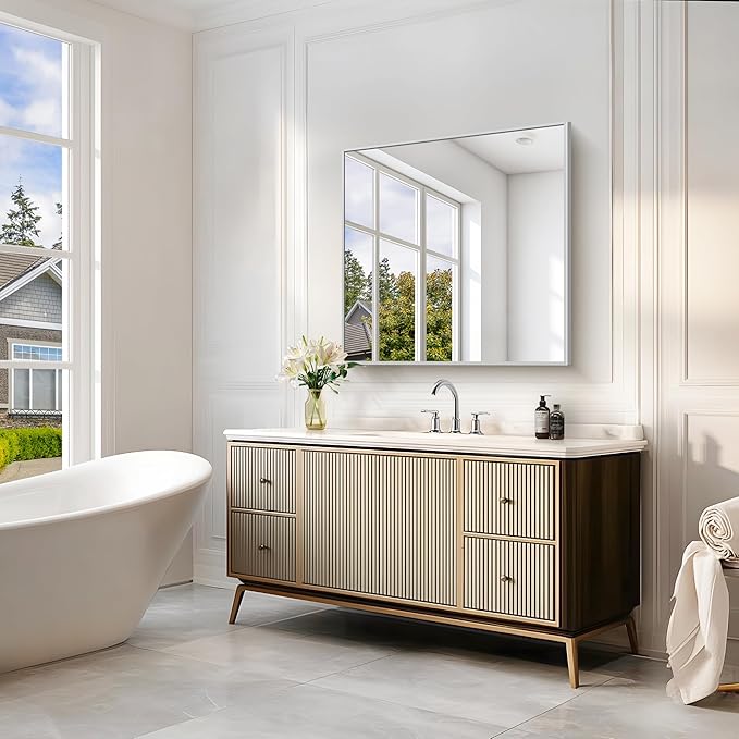 Silver Bathroom Mirror for Wall, 30x30 Inch Rectangle Mirrors - Image 3
